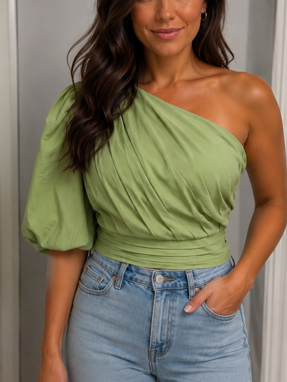 DO+BE Light Green One-Shoulder Draped Crop Top